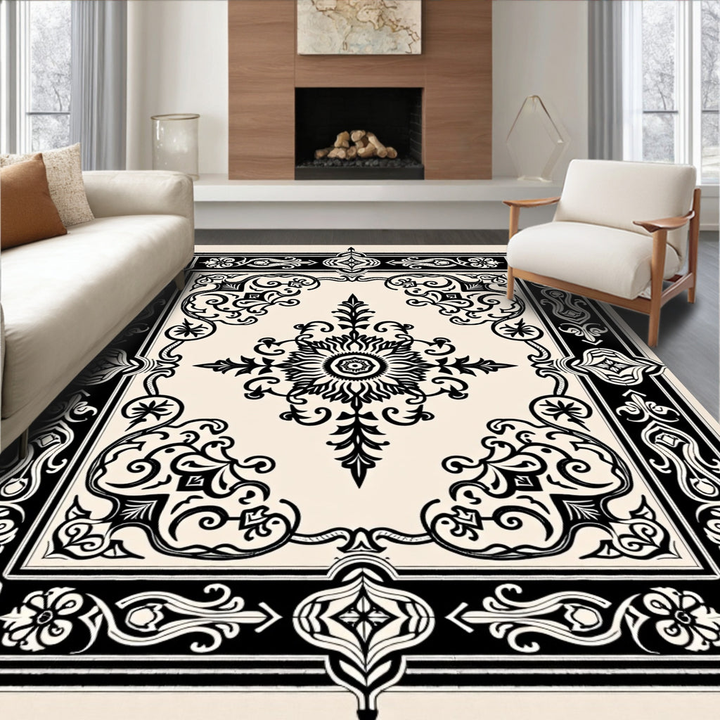 Vintage Black Floral Medallion Border Rug