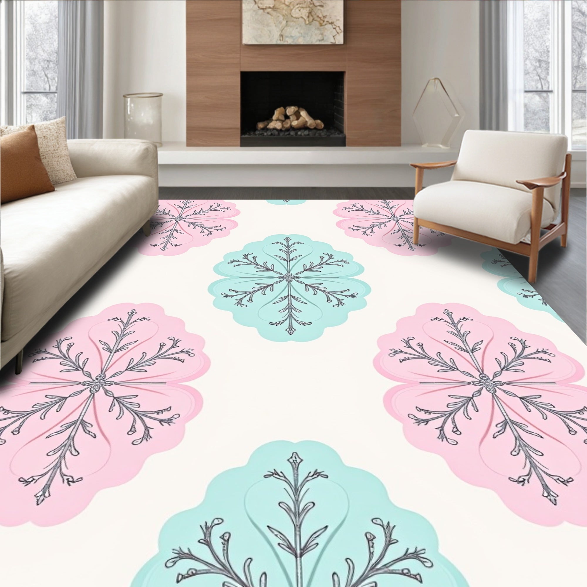 Pastel Pink Blue Floral Medallion Rug
