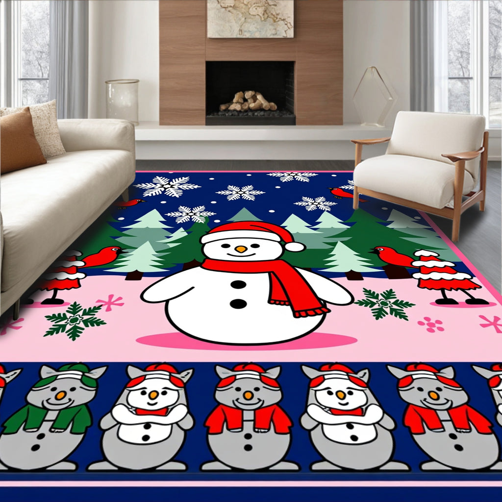 Cheerful Snowman with Red Birds and Snowflakes Rug