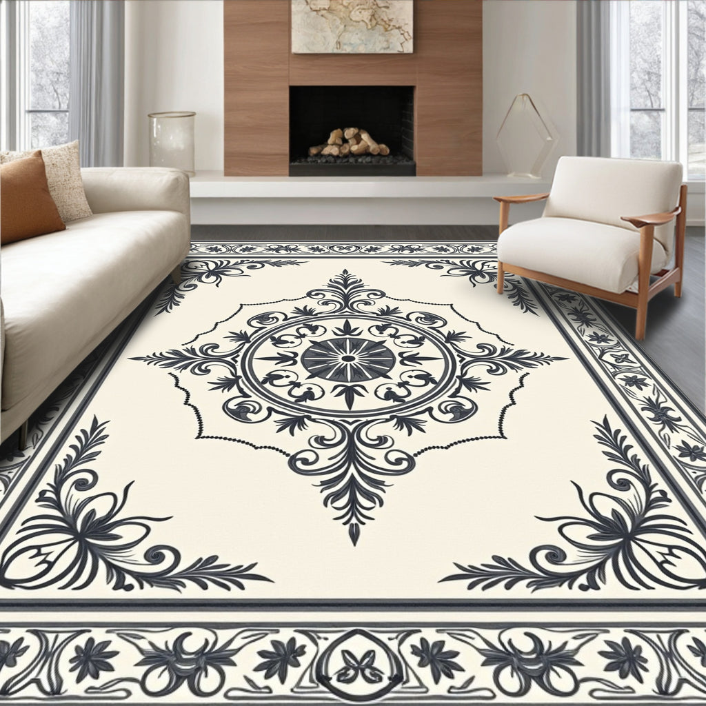 Dark Gray Scrollwork Medallion Cream Rug