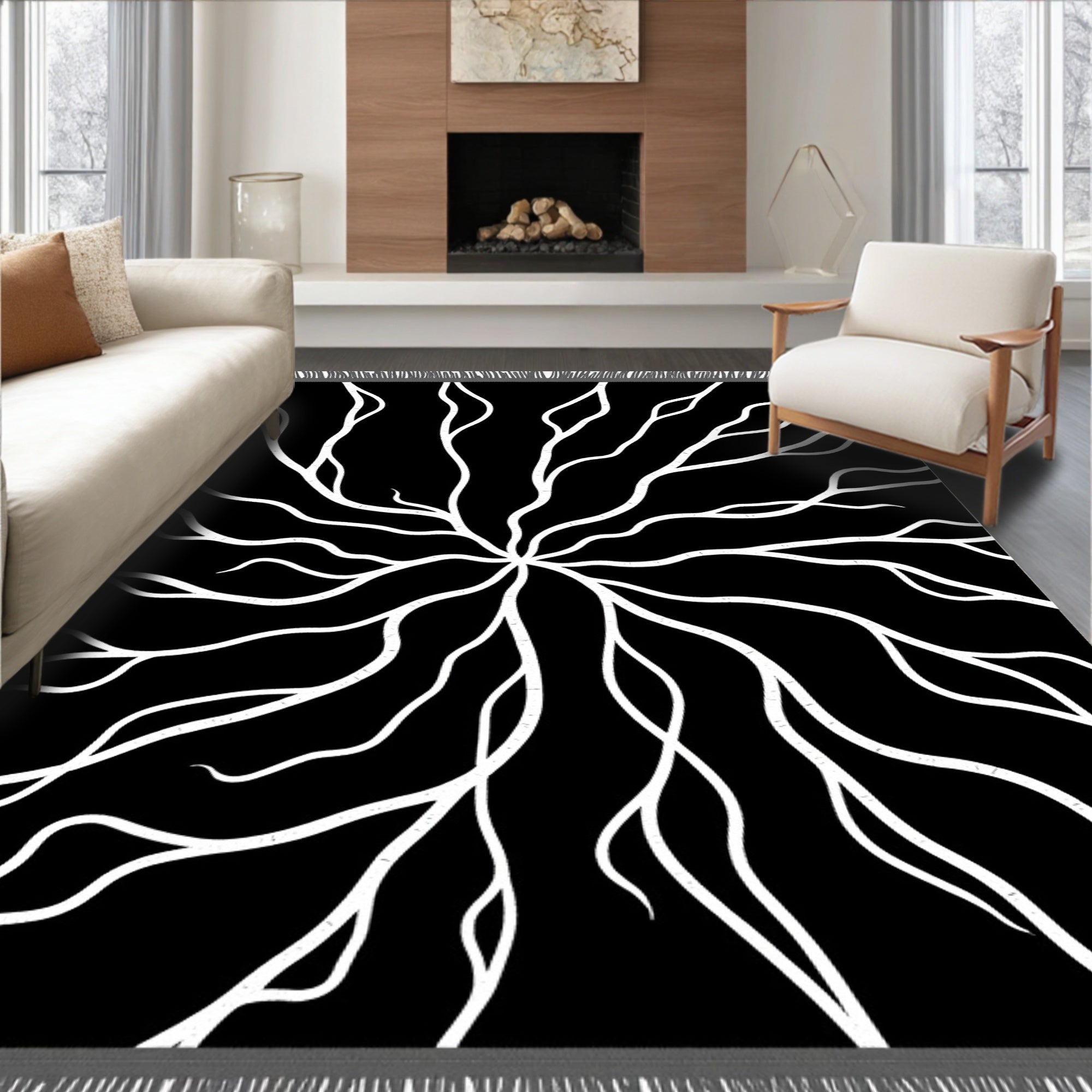 Abstract Black White Branching Root Rug