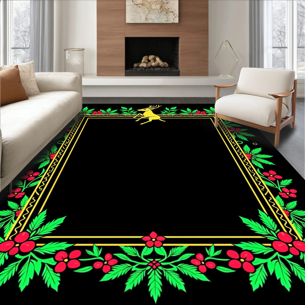 Gold Deer Woodland Floral Border Rug