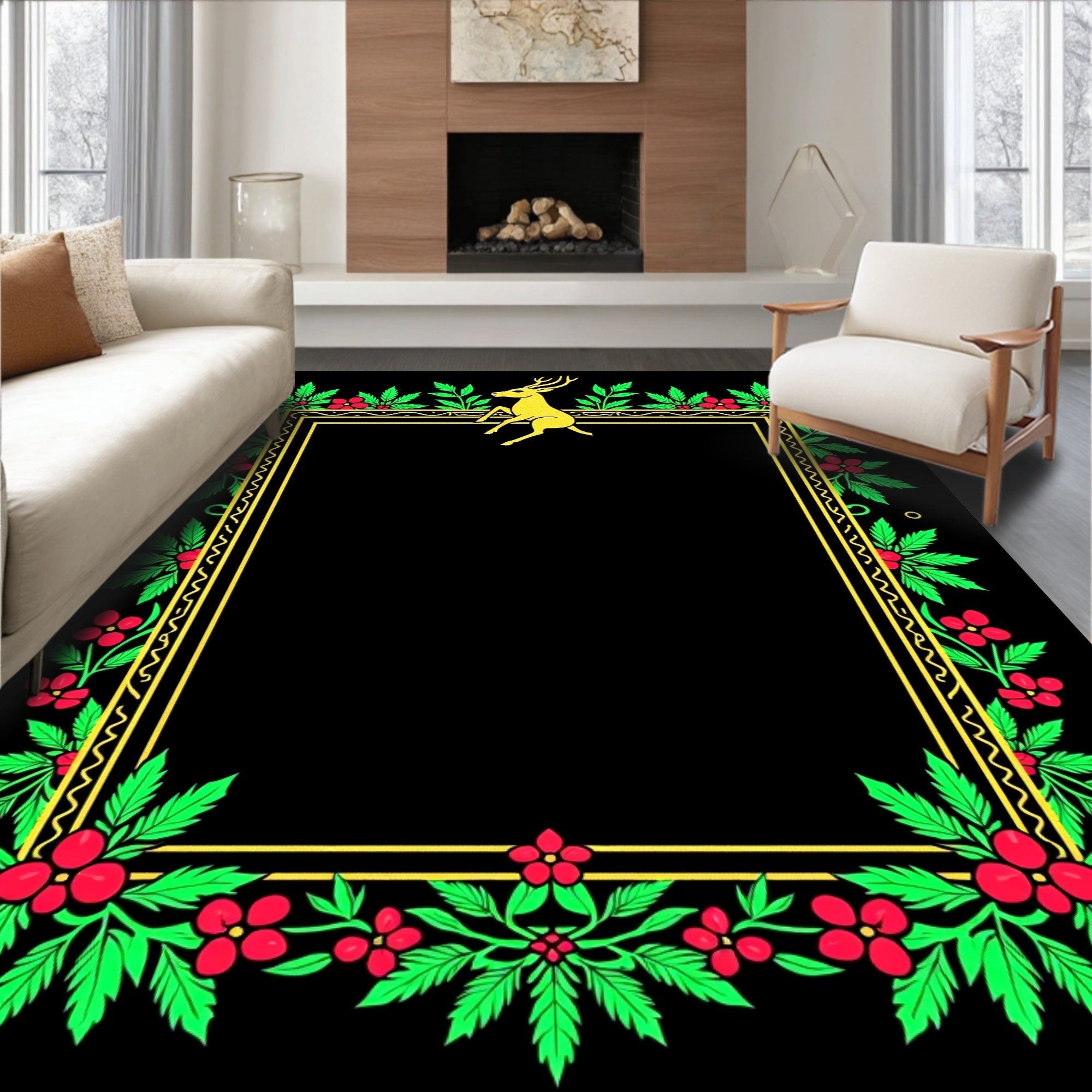 Gold Deer Woodland Floral Border Rug