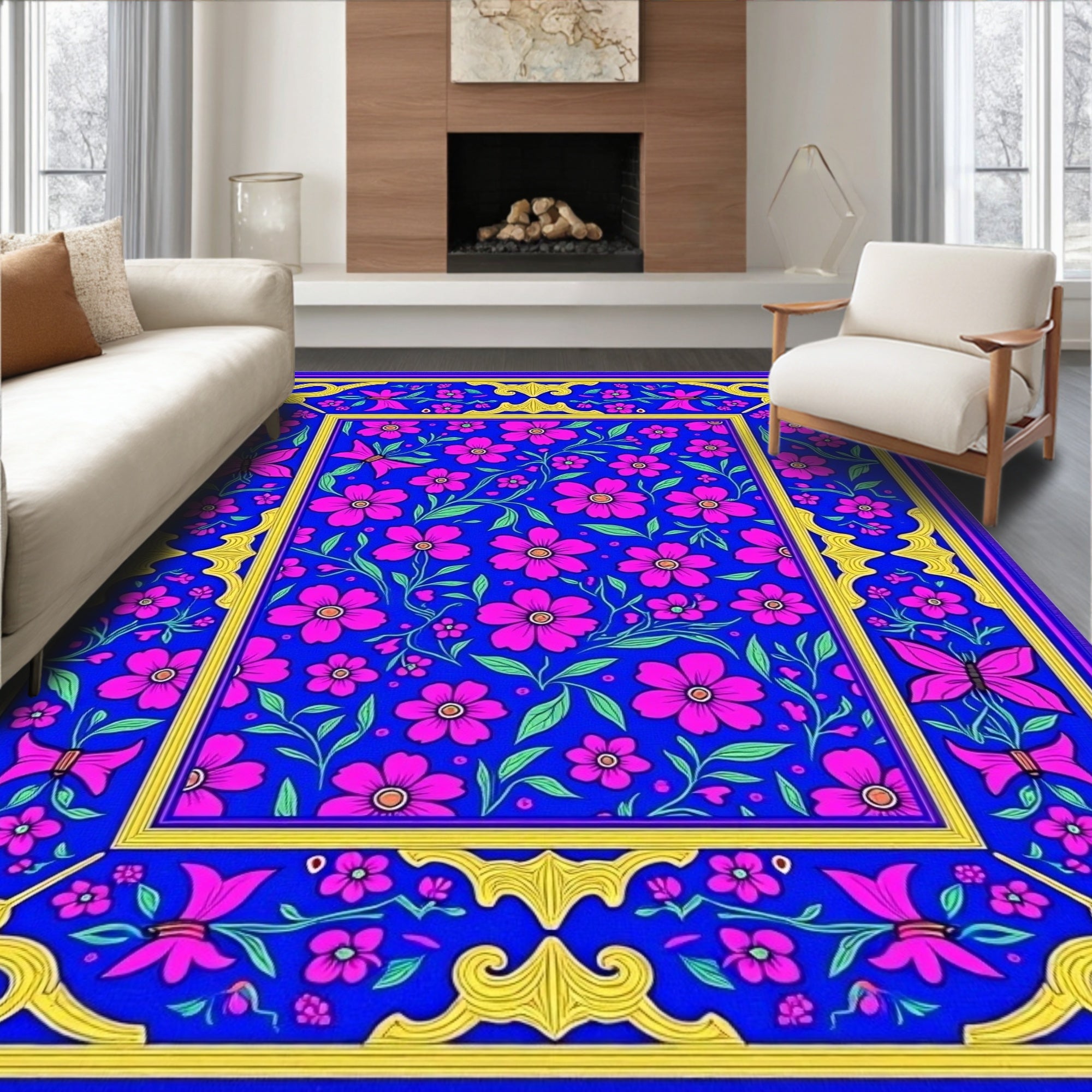 Vibrant Pink Floral Butterfly Garden Rug