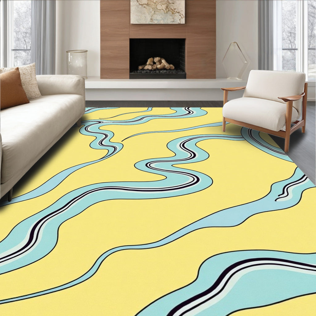 Sunny Yellow Aqua Wavy Rivers Rug