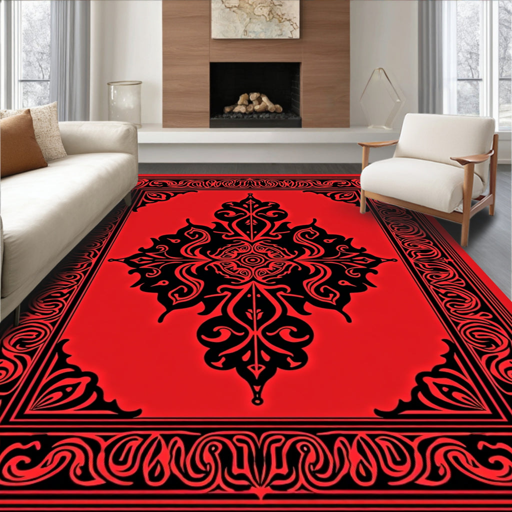 Bold Red Black Ornate Medallion Rug