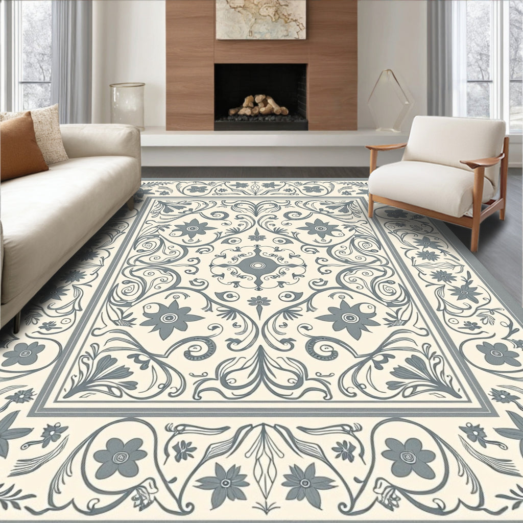 Cream Gray Floral Medallion Scrollwork Rug