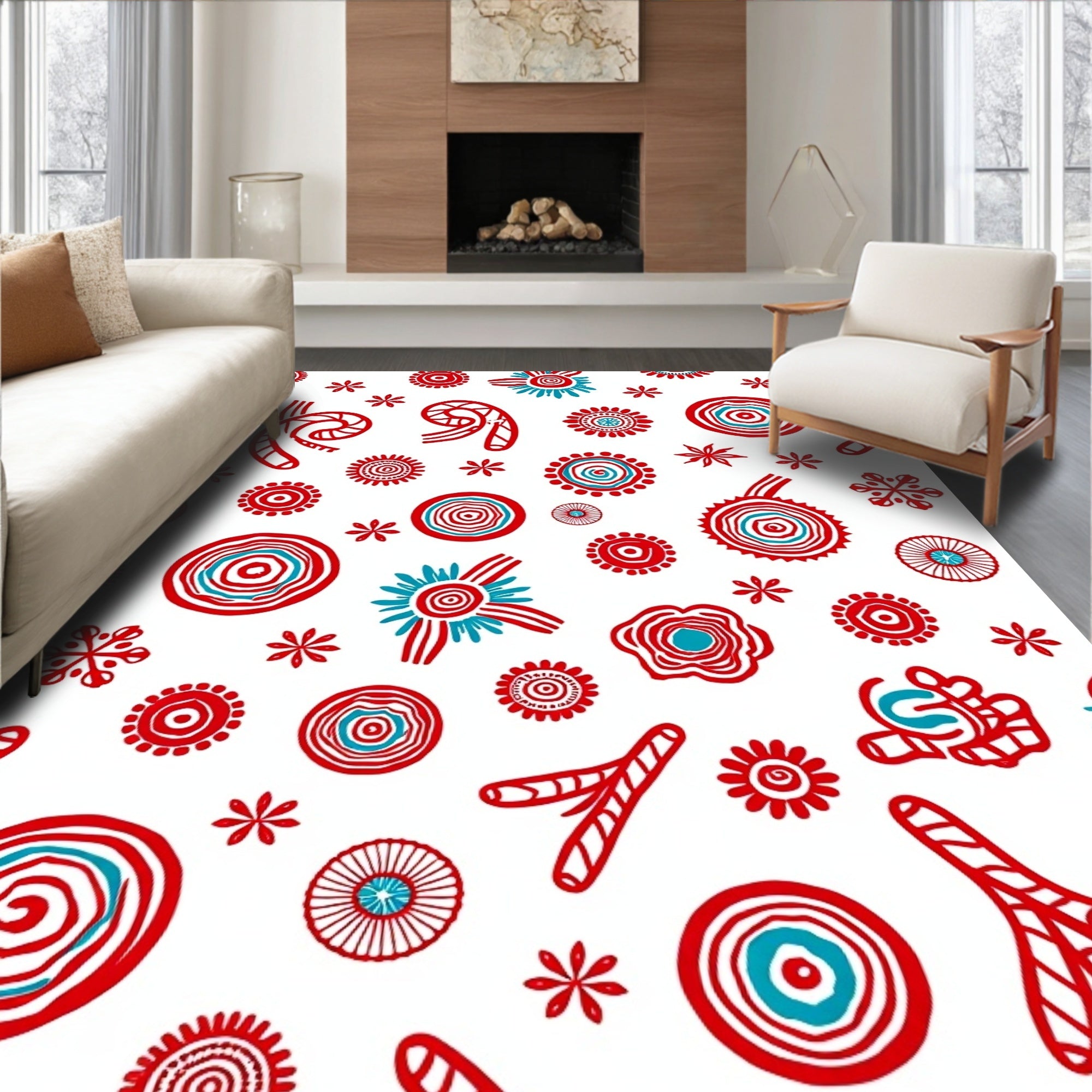 Red Teal Round Floral Whimsical Rug
