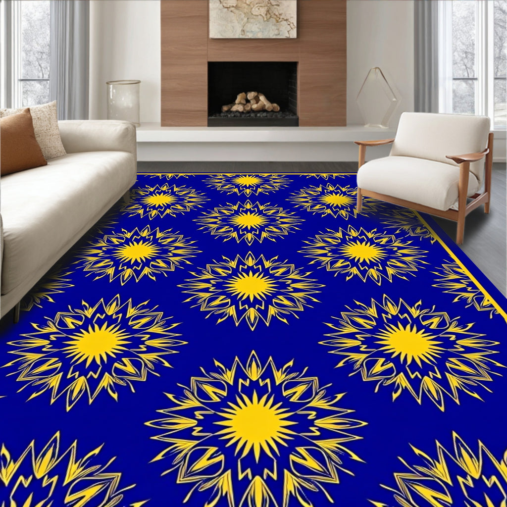 Royal Blue Yellow Sunburst Medallion Rug