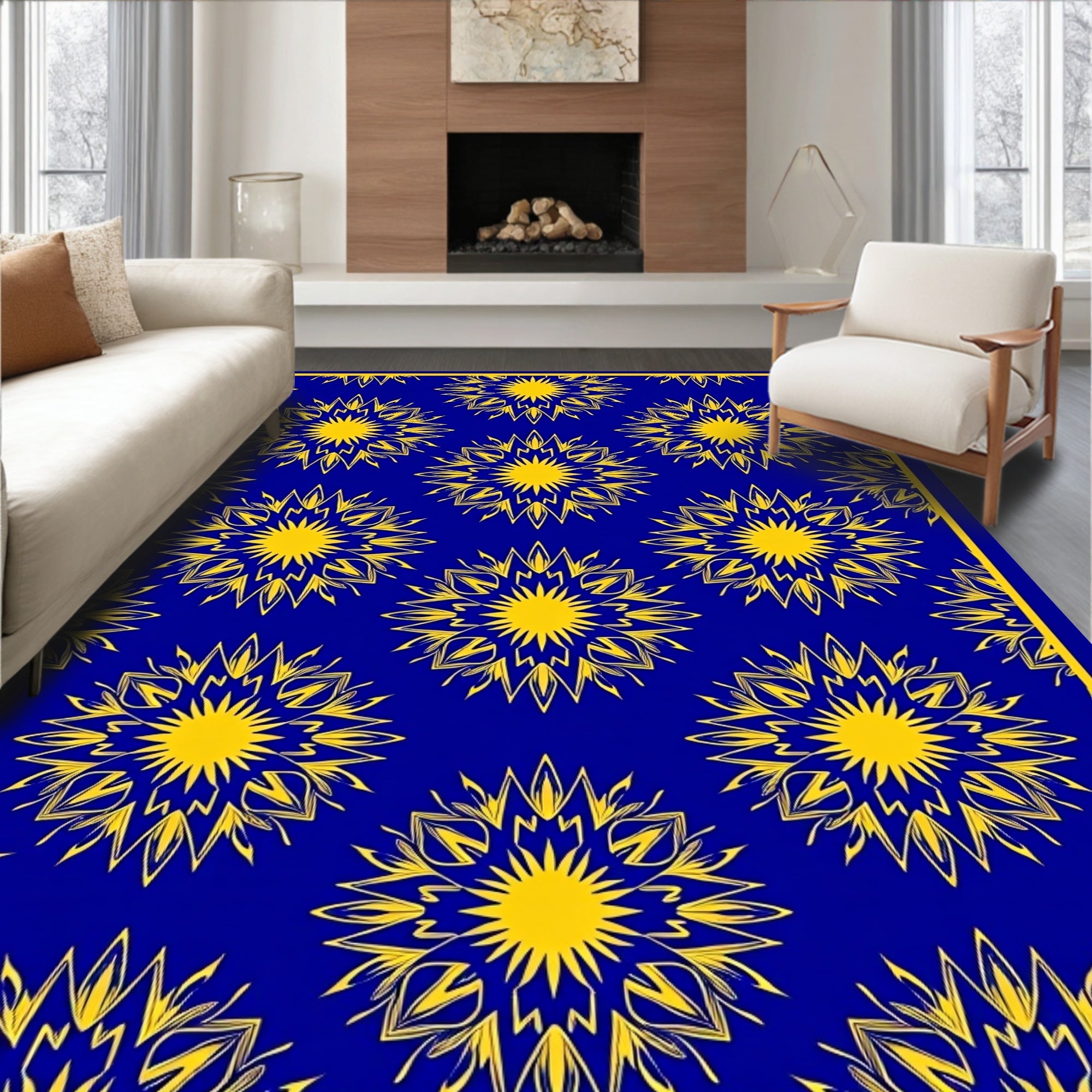 Royal Blue Yellow Sunburst Medallion Rug