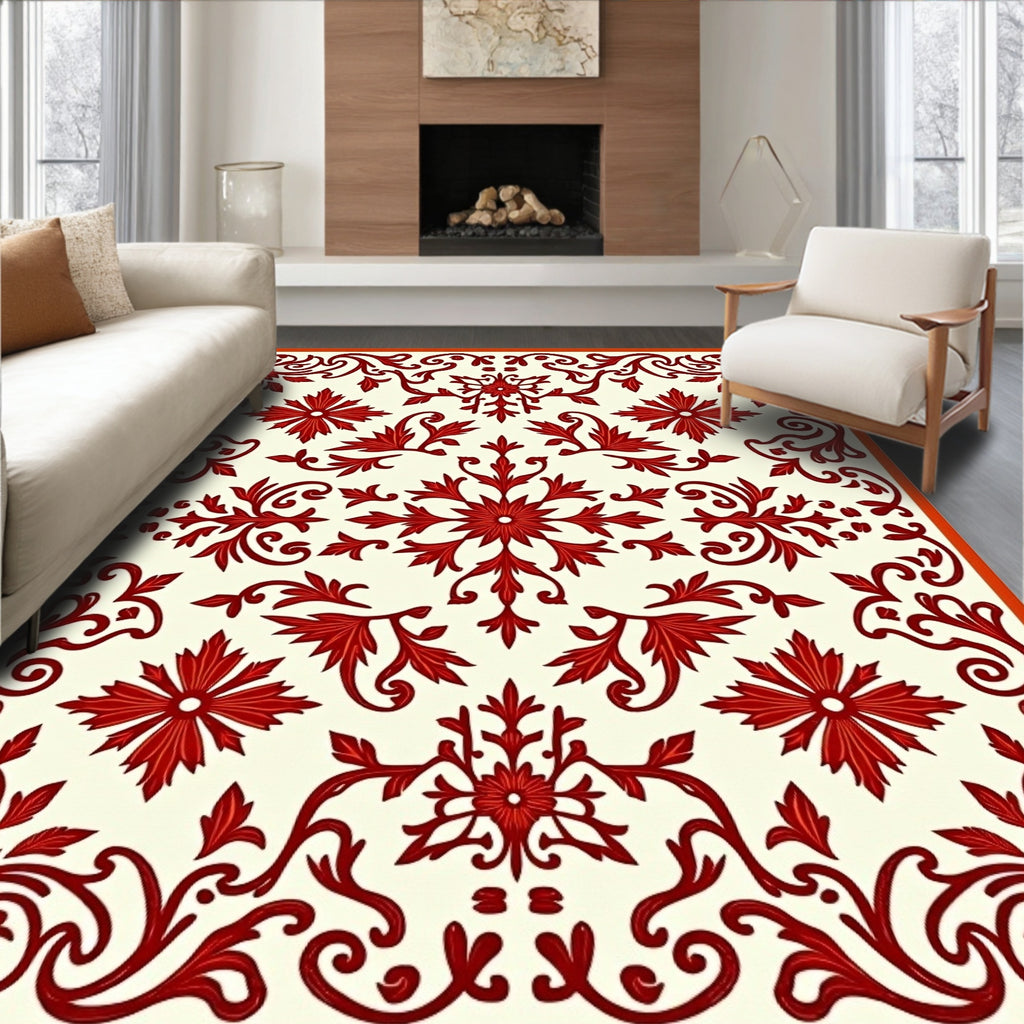 Crimson Red Floral Scrollwork Medallion Rug