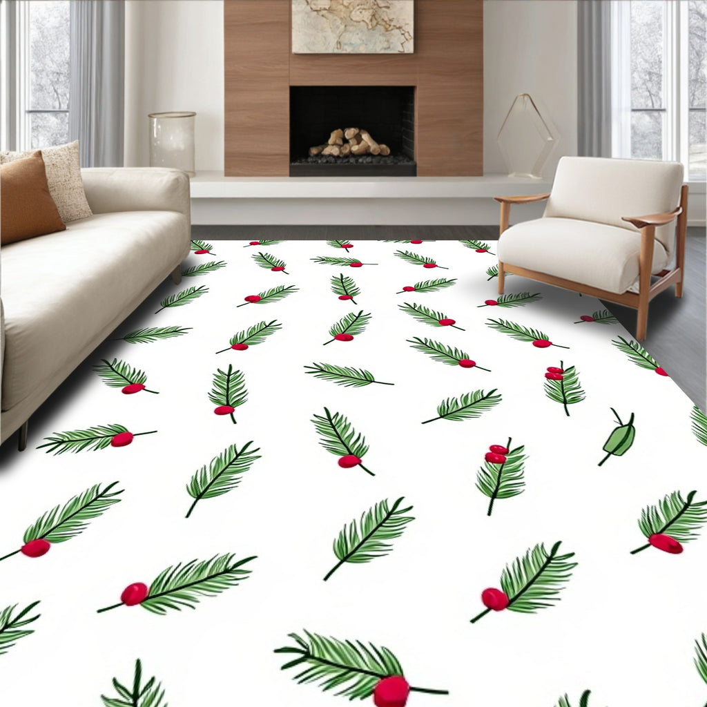 Green Pine Sprig Red Berry Scattered Rug