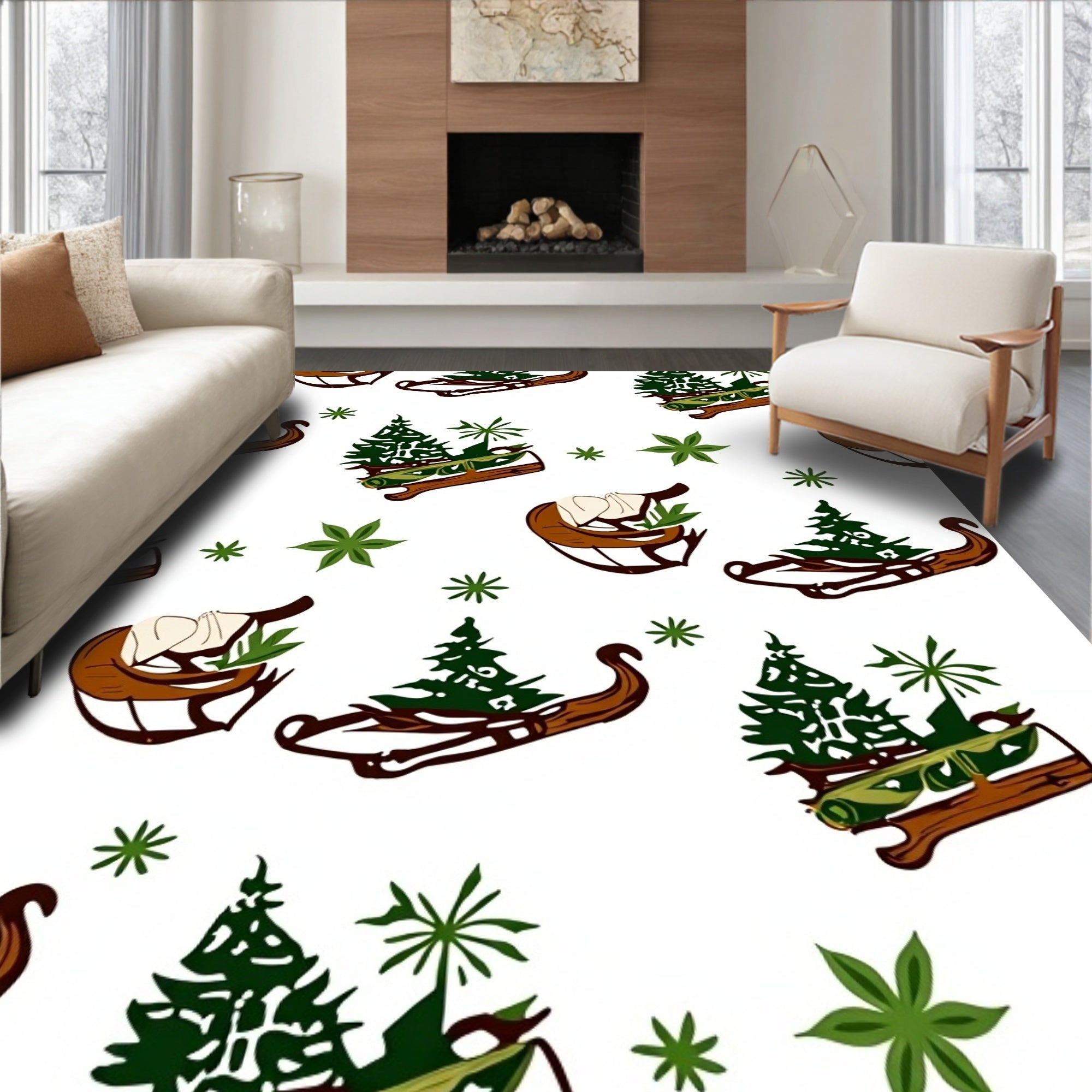 Winter Sleigh Evergreen Forest Scatter Rug