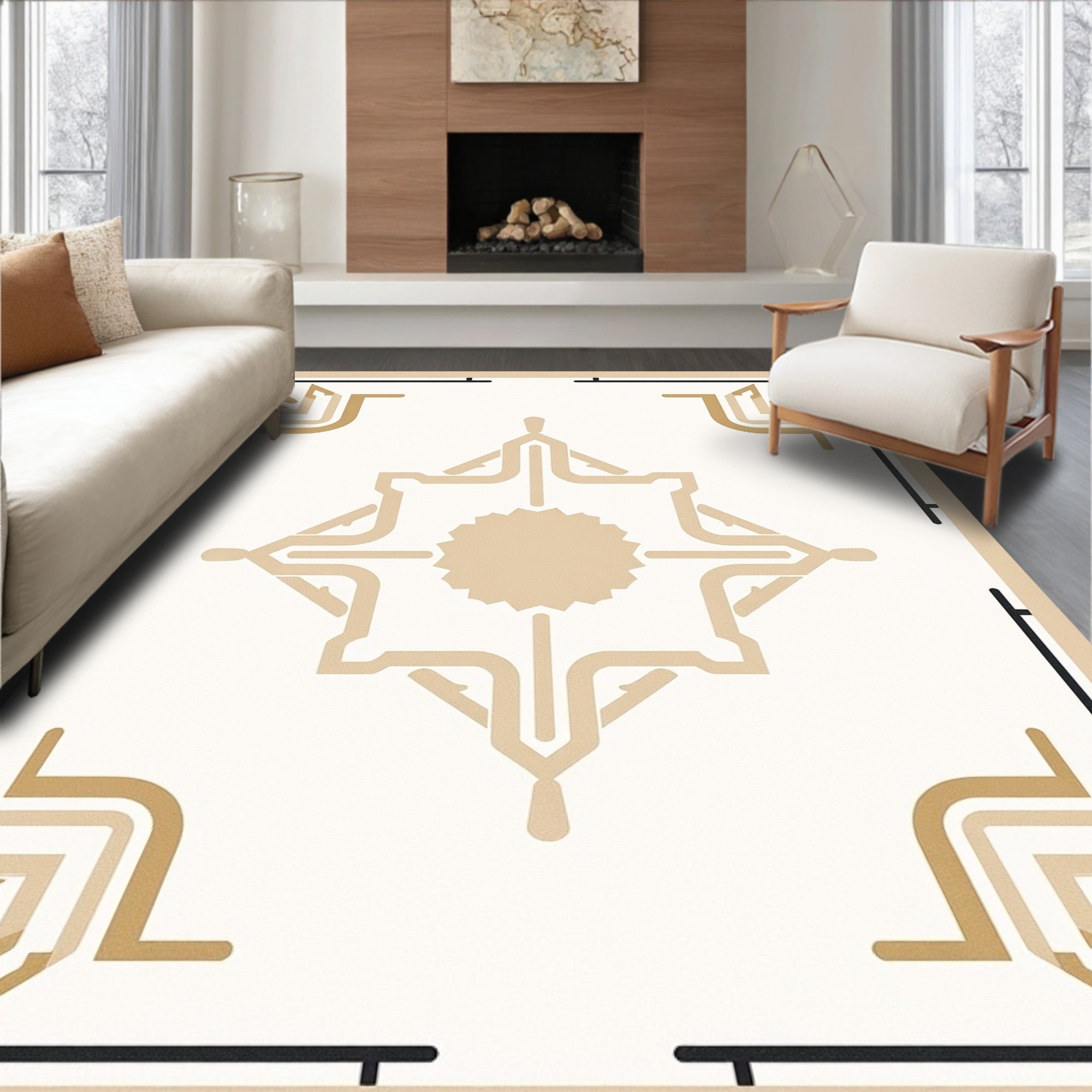 Neutral Beige Art Deco Medallion Rug