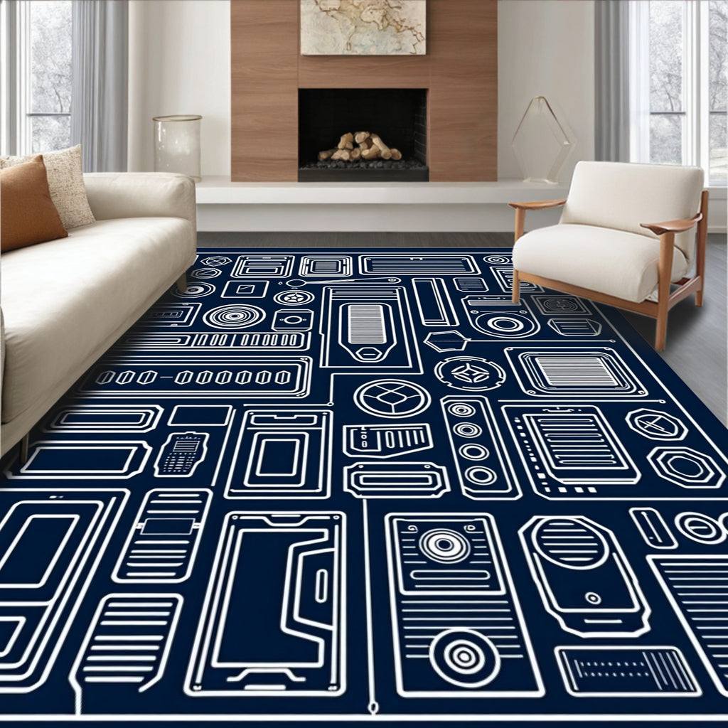 Futuristic Geometric Tech Blueprint Rug