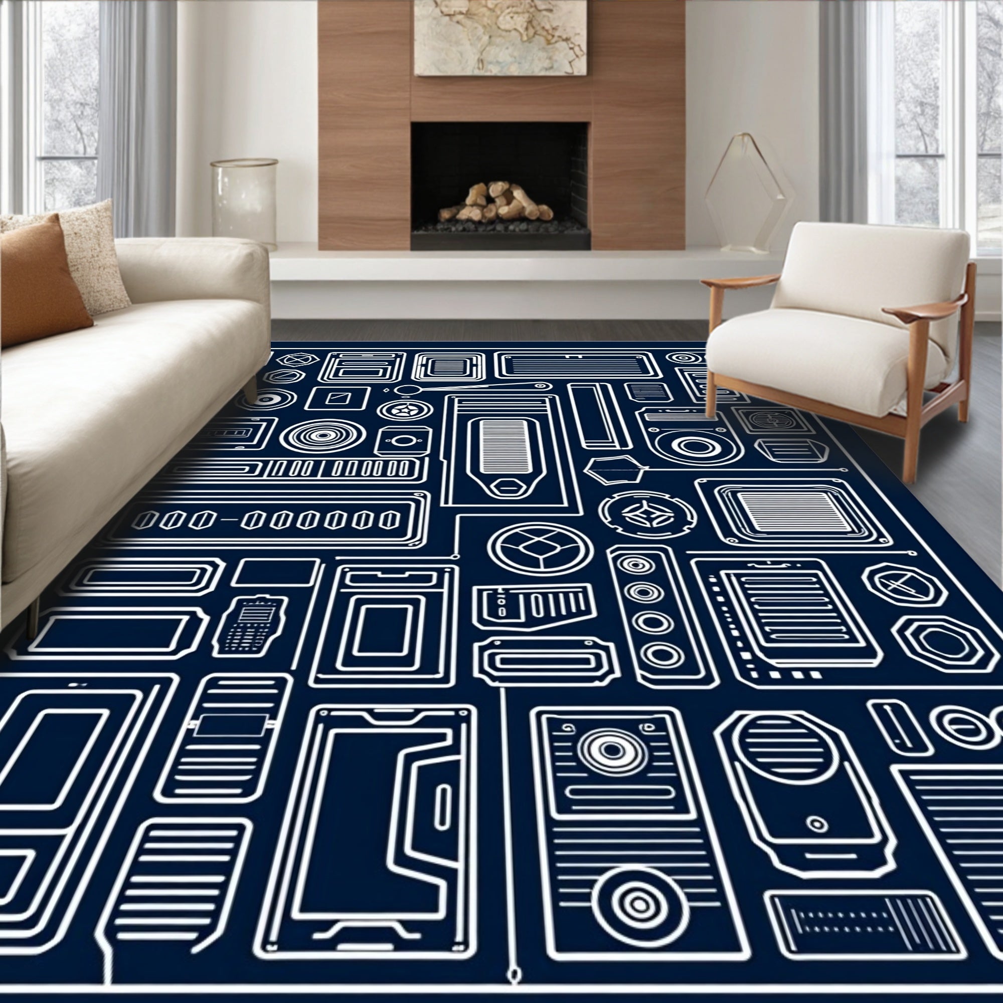 Futuristic Geometric Tech Blueprint Rug
