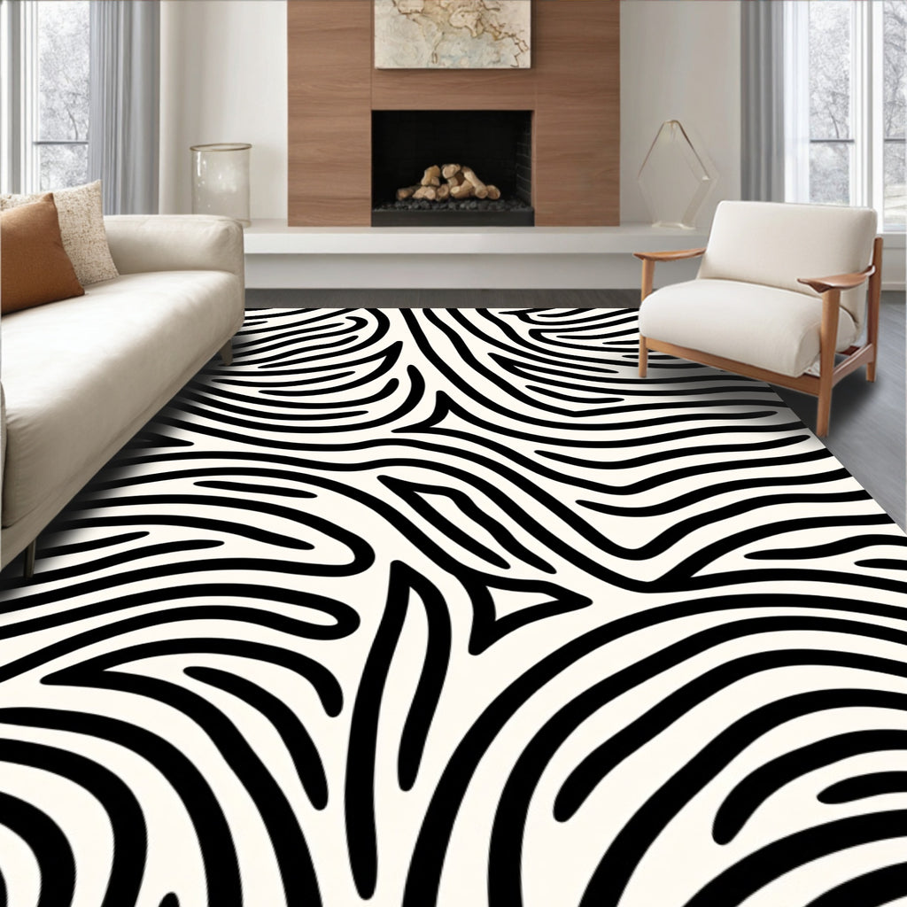 Black White Organic Abstract Lines Rug