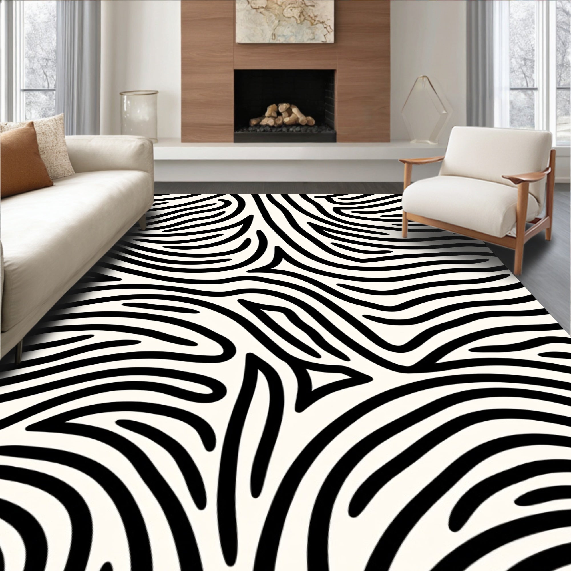 Black White Organic Abstract Lines Rug
