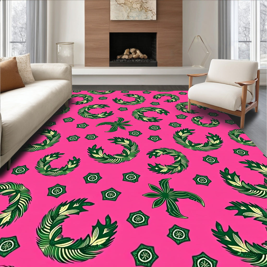Vibrant Pink Green Leafy Wreath Rug