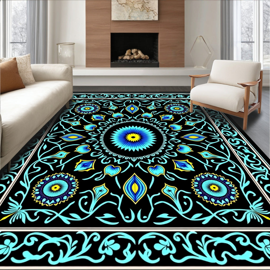 Black Blue Yellow Floral Medallion Rug