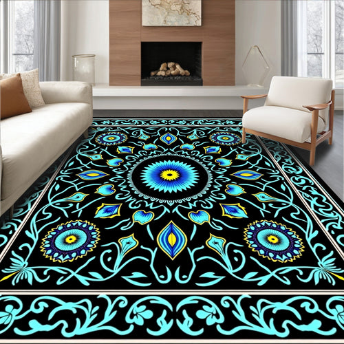 Black Blue Yellow Floral Medallion Rug