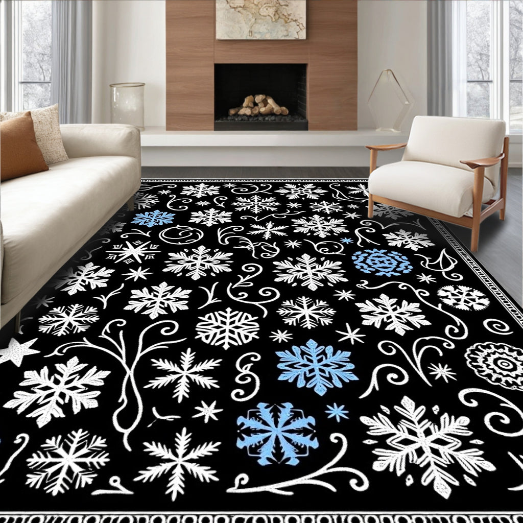 Black White Blue Snowflakes Scrollwork Rug