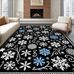 Black White Blue Snowflakes Scrollwork Rug