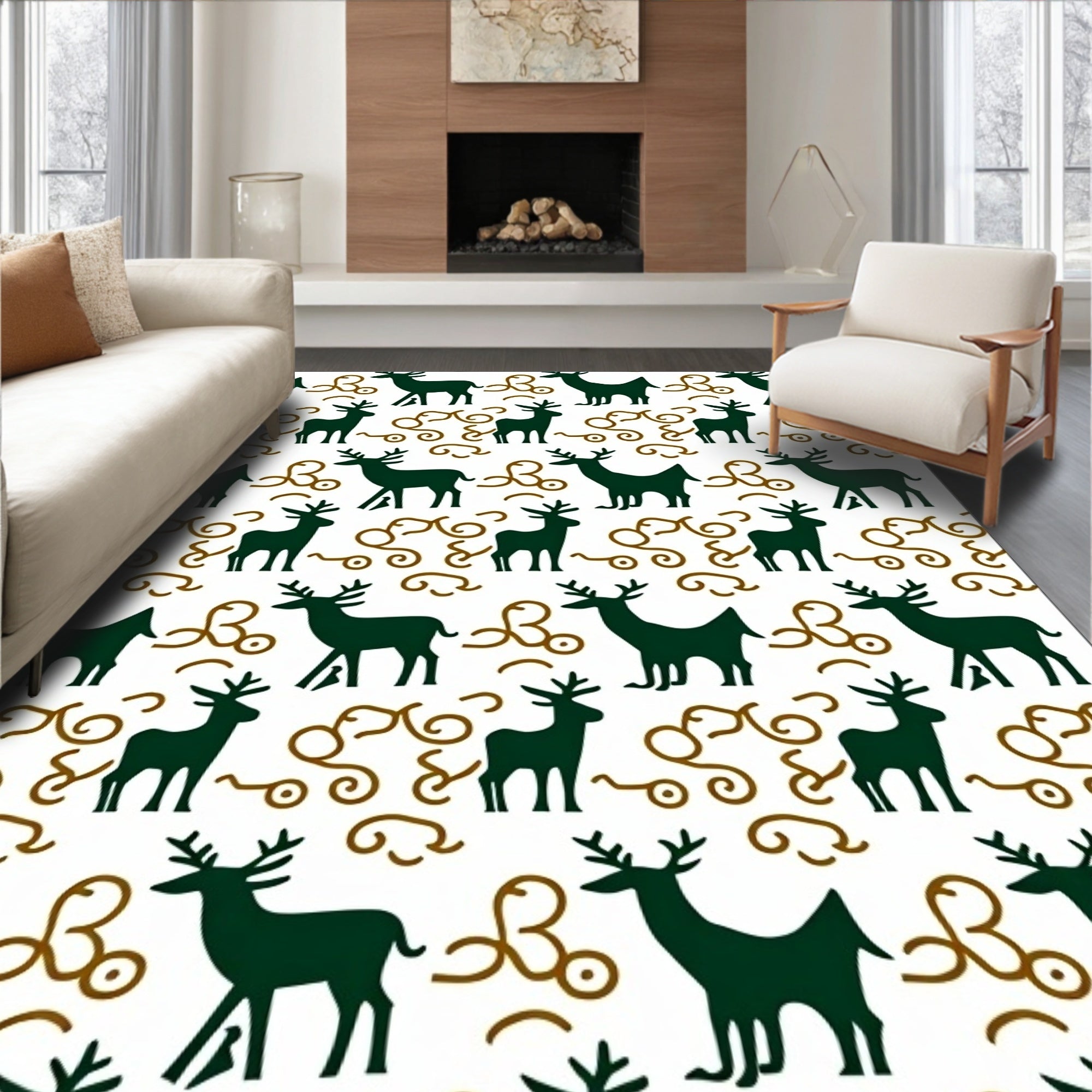 Dark Green Deer With Brown Swirls Rug