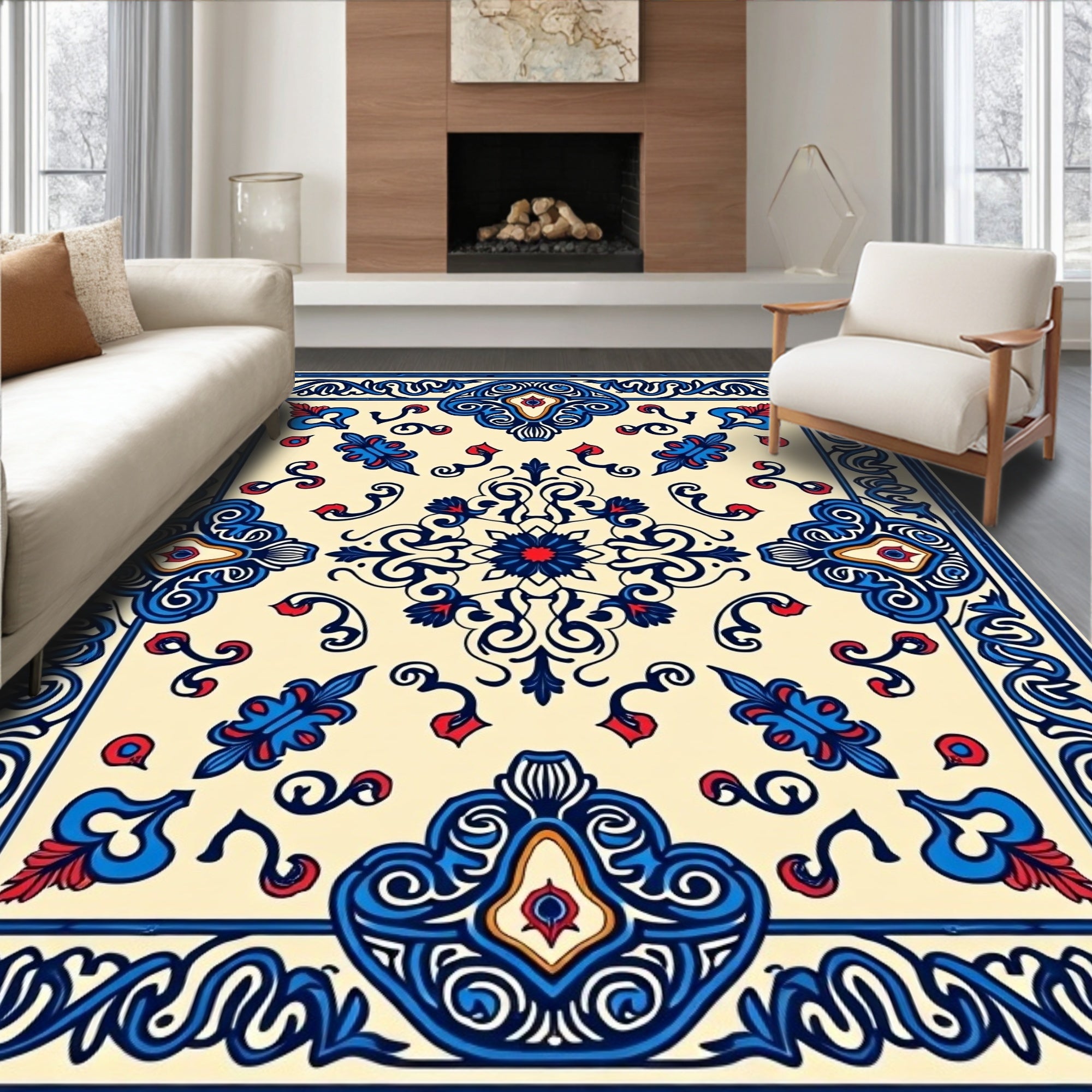 Cream Blue Red Floral Medallion Harmony Rug