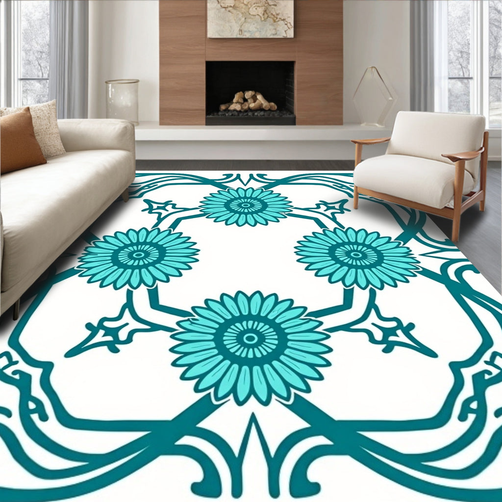Teal Floral Art Nouveau Frame Rug