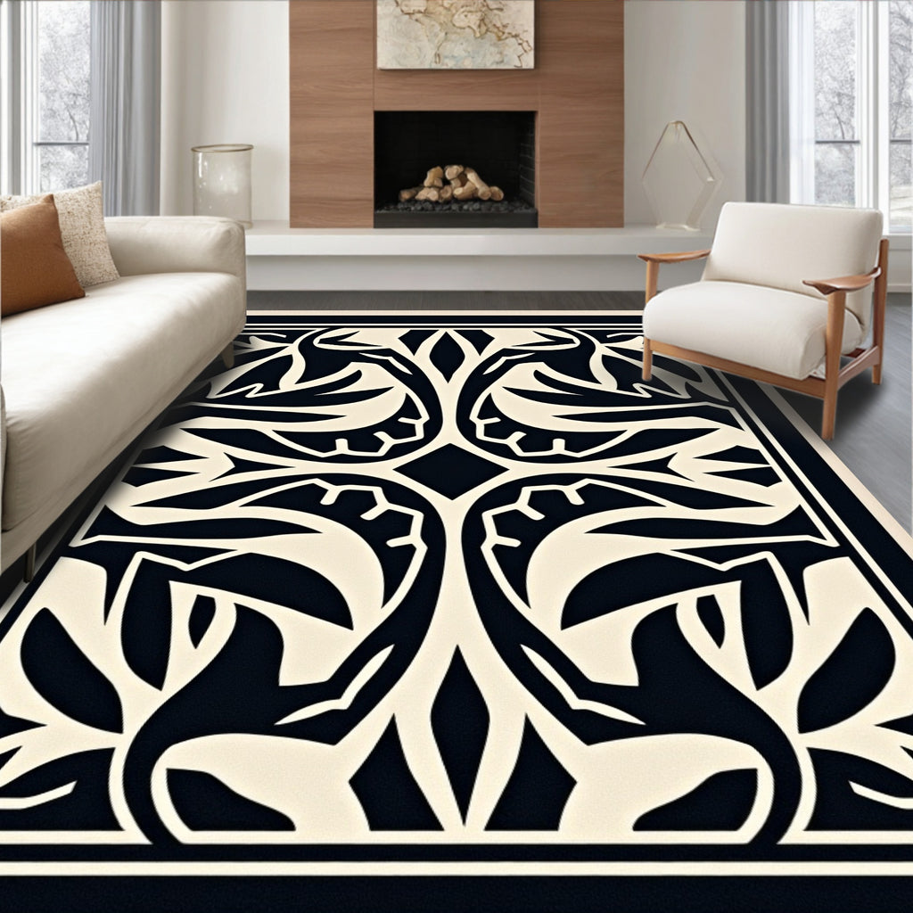 Classic Black and Cream Botanical Inlay Rug