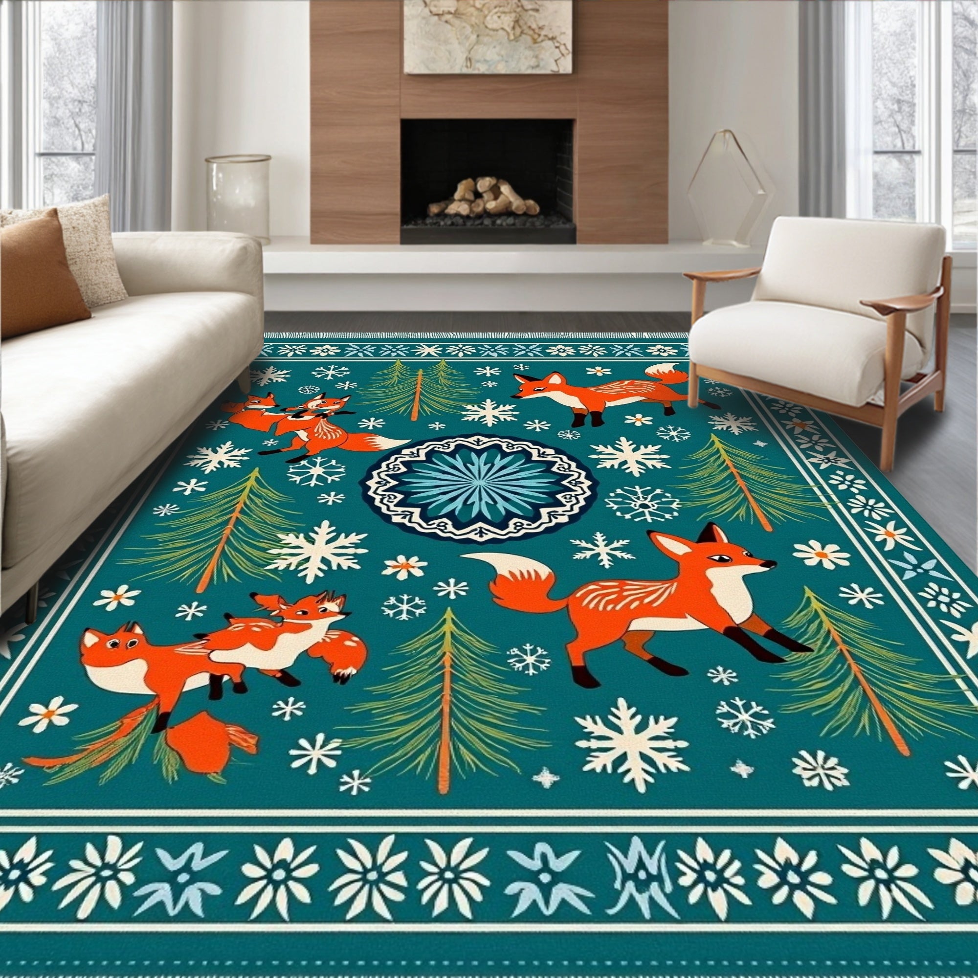 Whimsical Fox And Snowflake Forest Rug