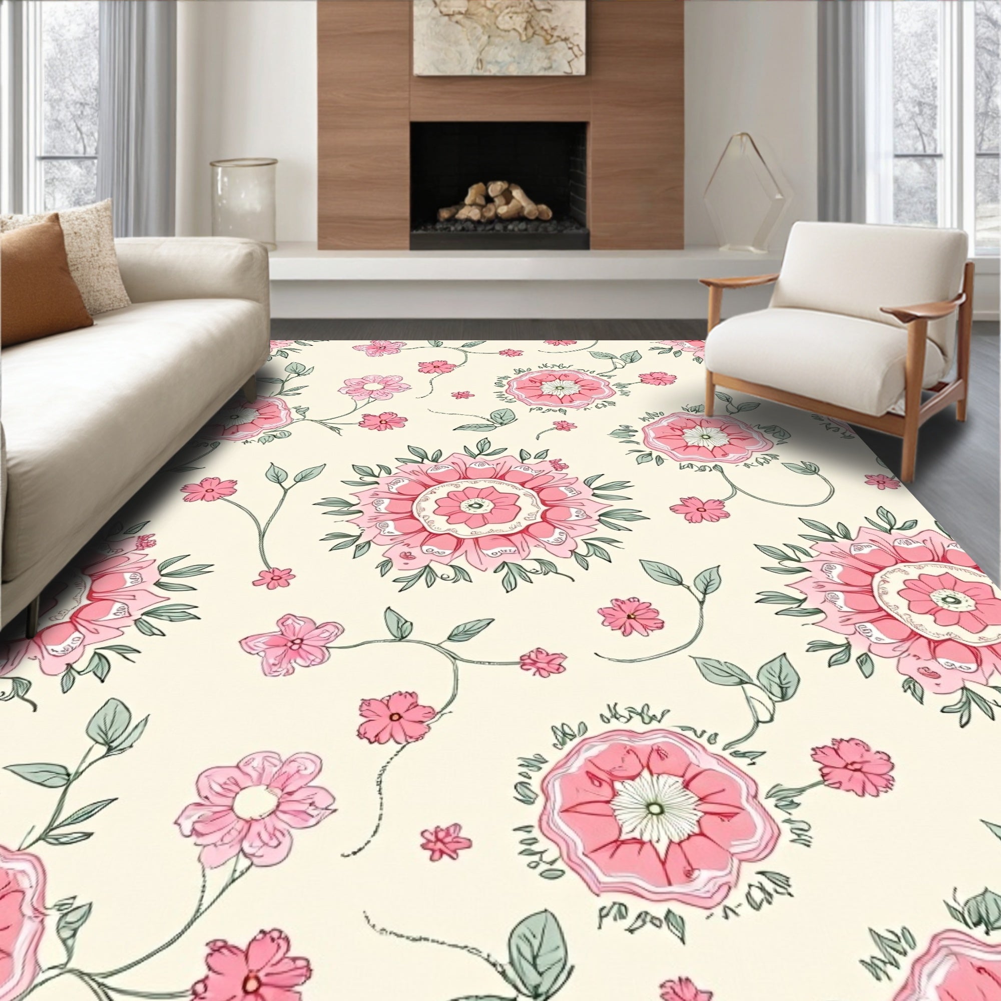 Pink Floral Garden Medallion Rug