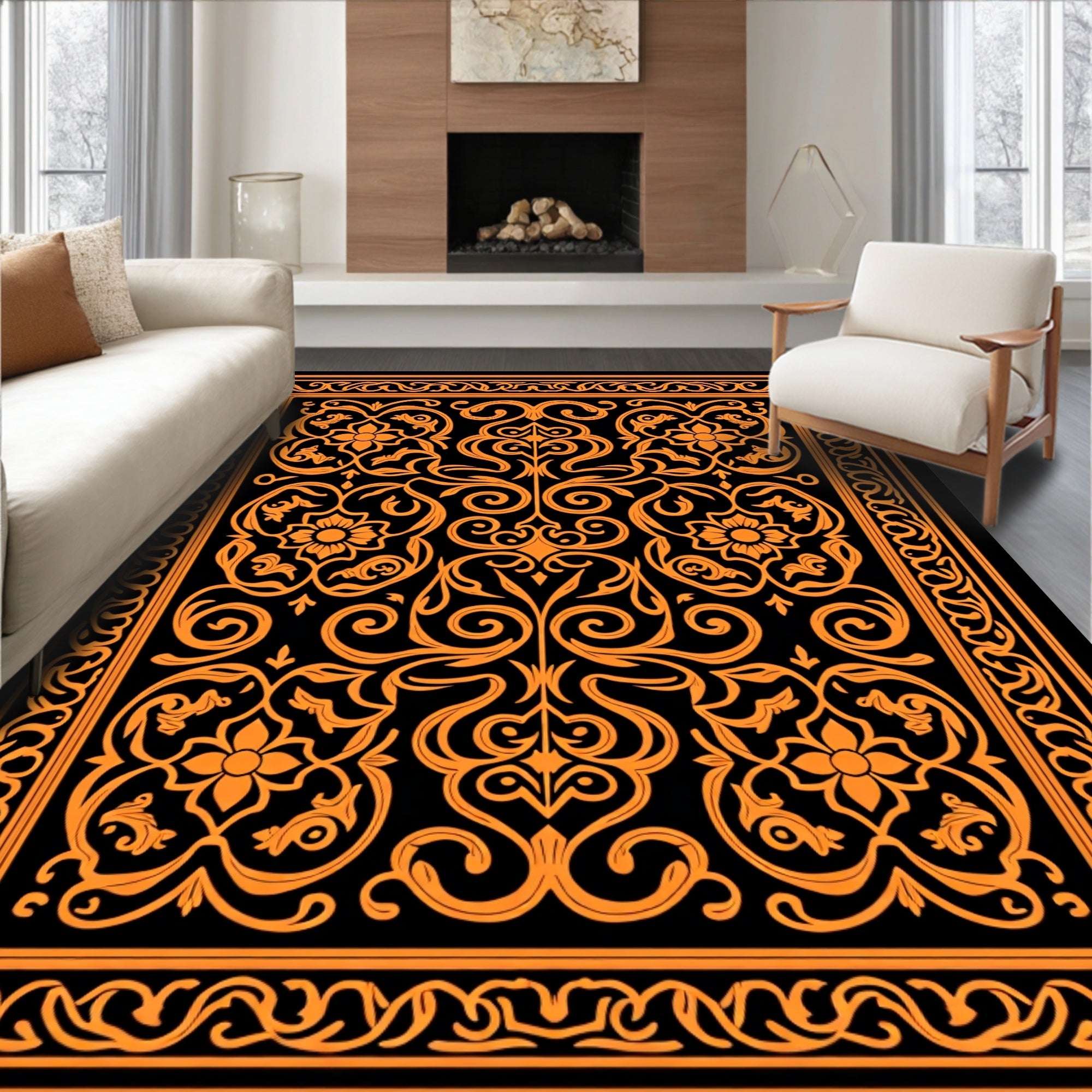 Elegant Orange Floral Scrollwork Rug
