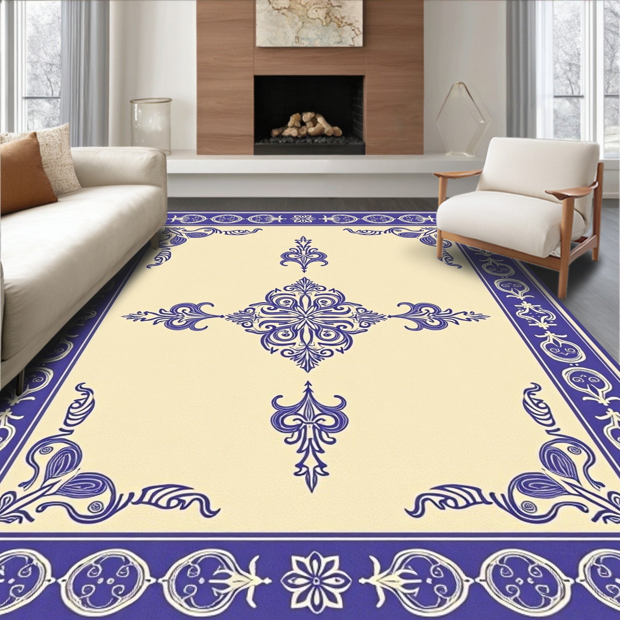 Classic Indigo Floral Border Medallion Rug