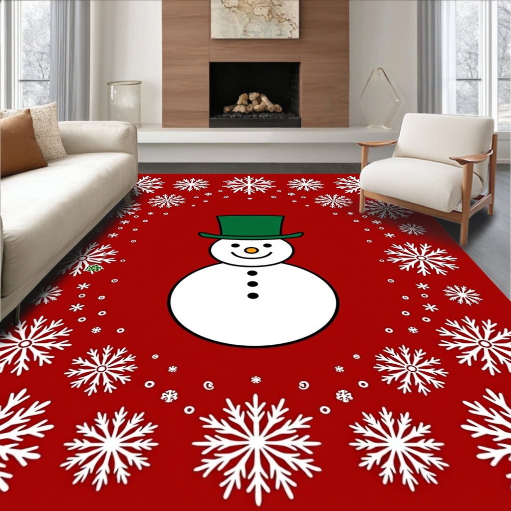 Red Snowman Snowflake Christmas Rug