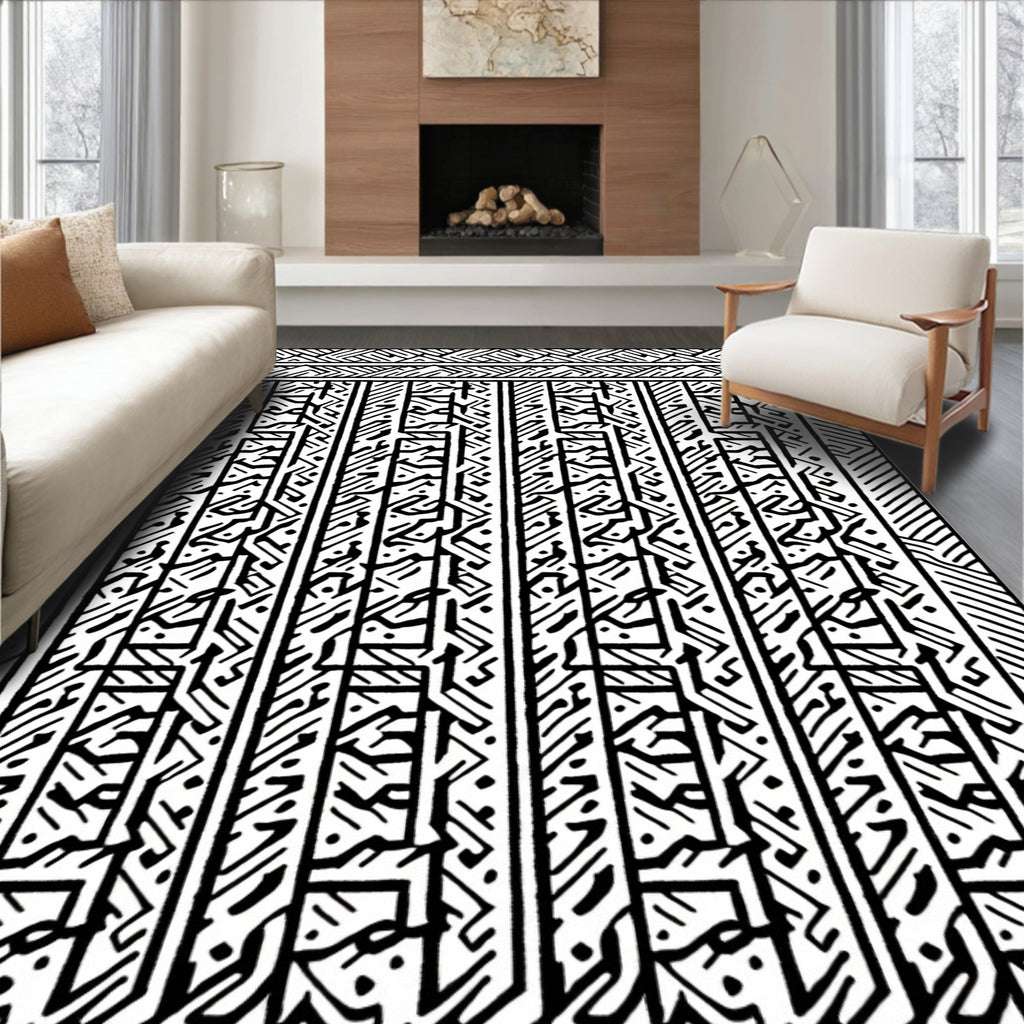 Black white linear abstract tribal Rug