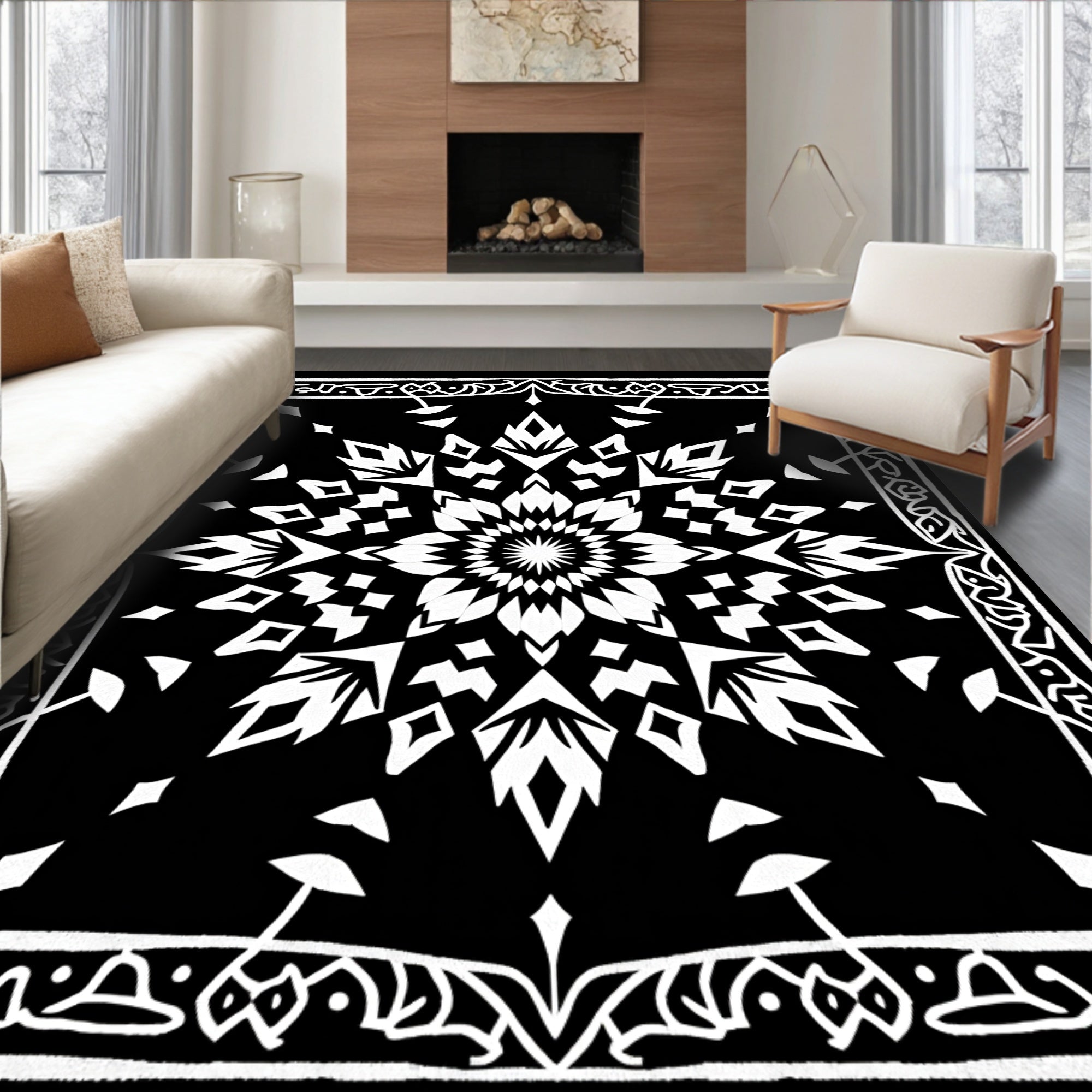 Black White Geometric Mandala Rug