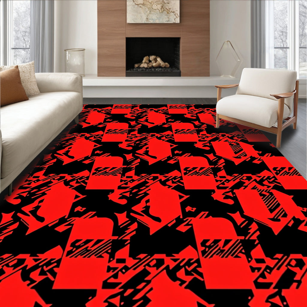 Bold Red Black Glitch Squares Rug