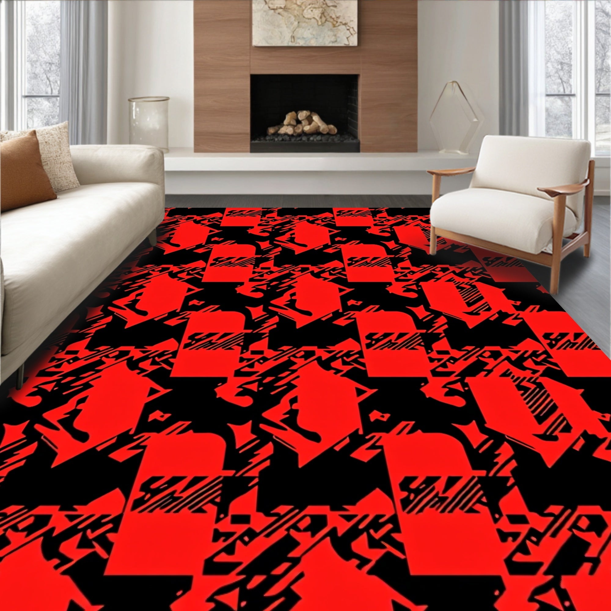 Bold Red Black Glitch Squares Rug