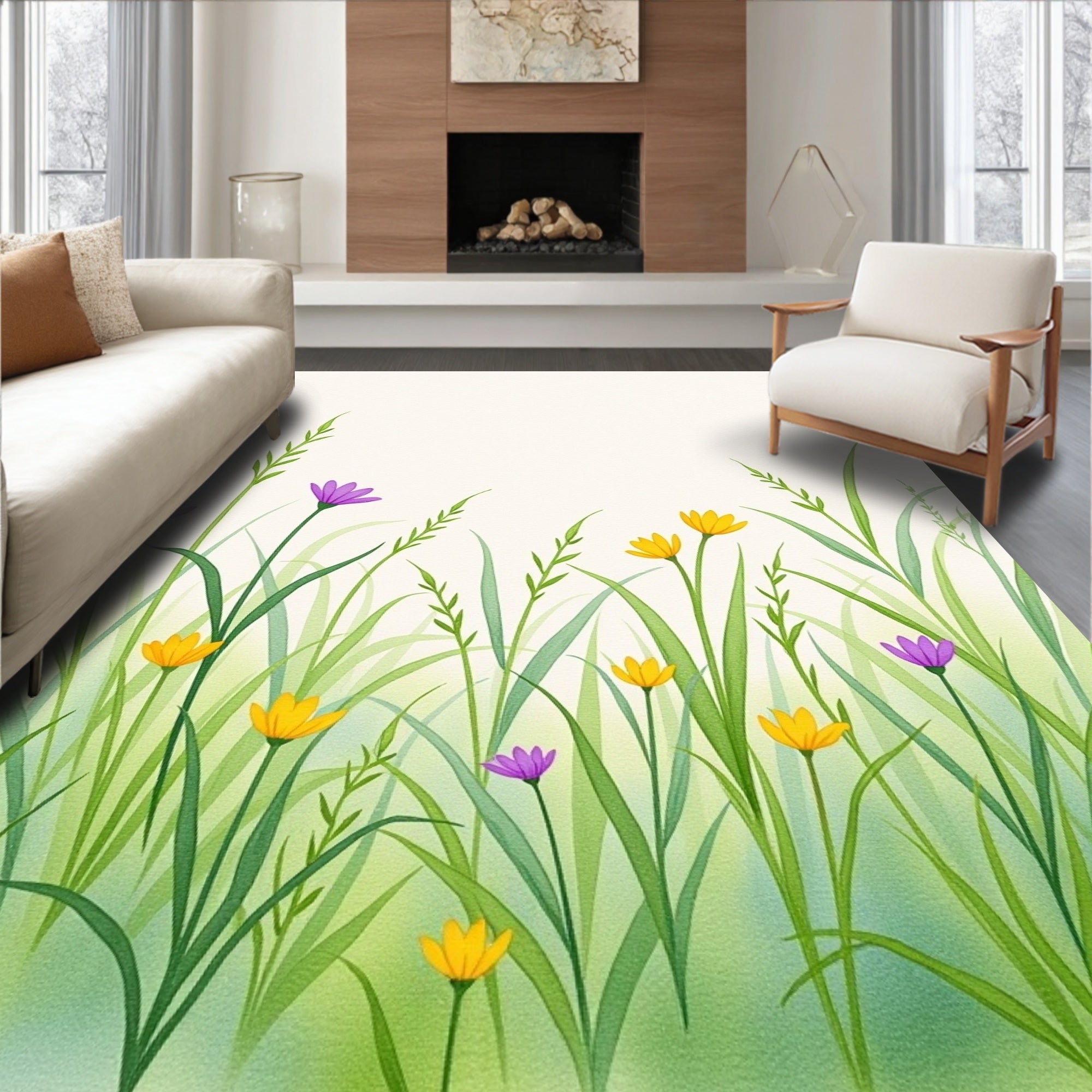 Watercolor Meadow Wildflower Garden Rug