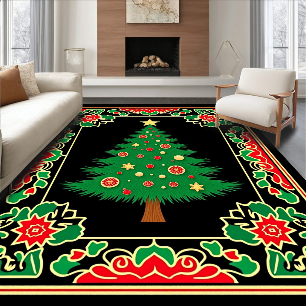 Festive Red Green Star Christmas Tree Rug