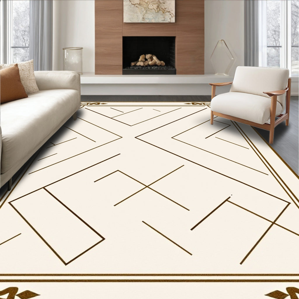 Ornate Beige Geometric Lines Border Rug