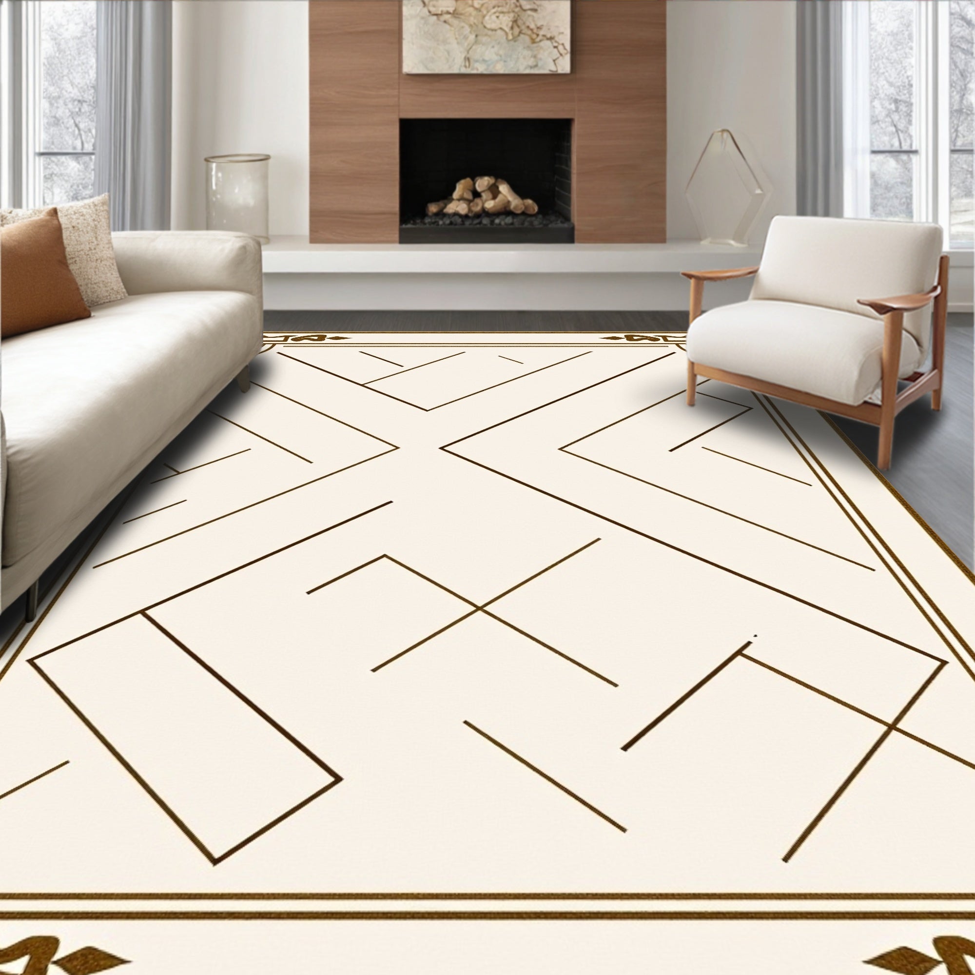 Ornate Beige Geometric Lines Border Rug