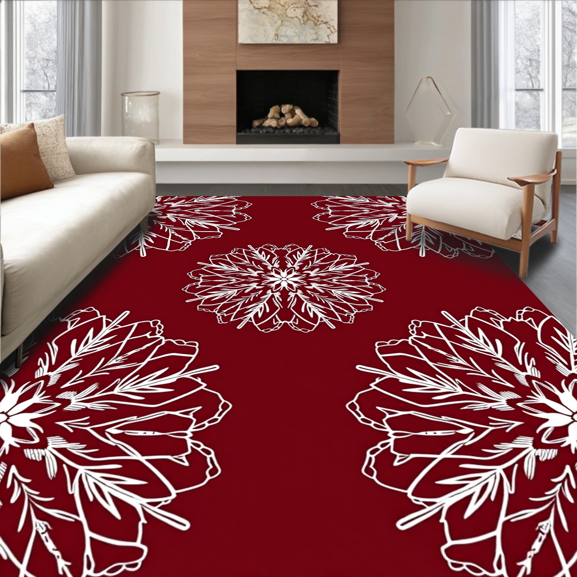 Deep Red White Floral Mandala Rug