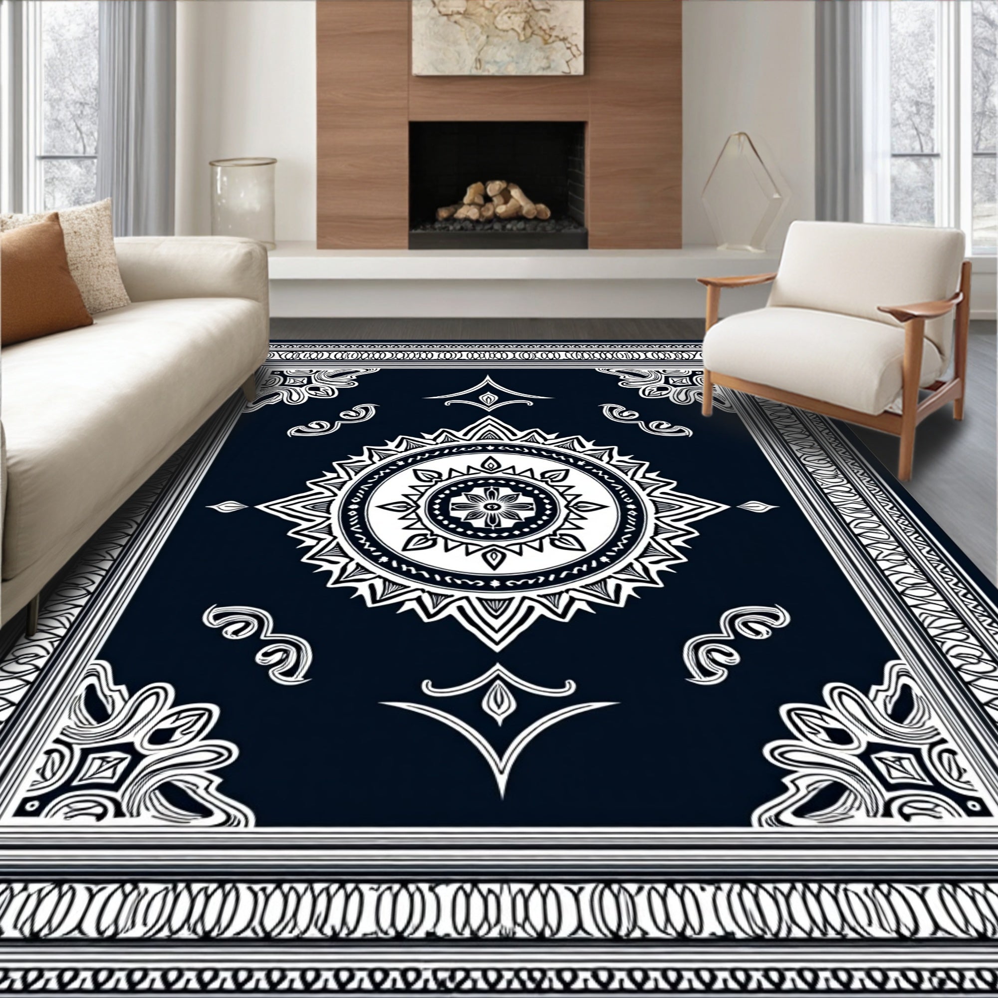 Navy White Mandala Geometric Border Rug