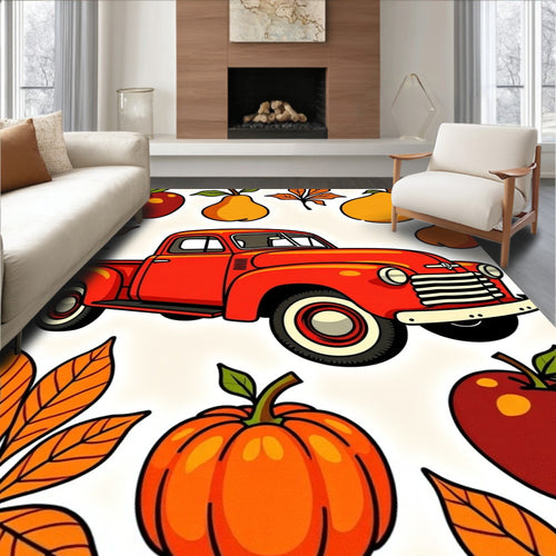 Autumn Red Truck Fall Harvest Fruits Rug