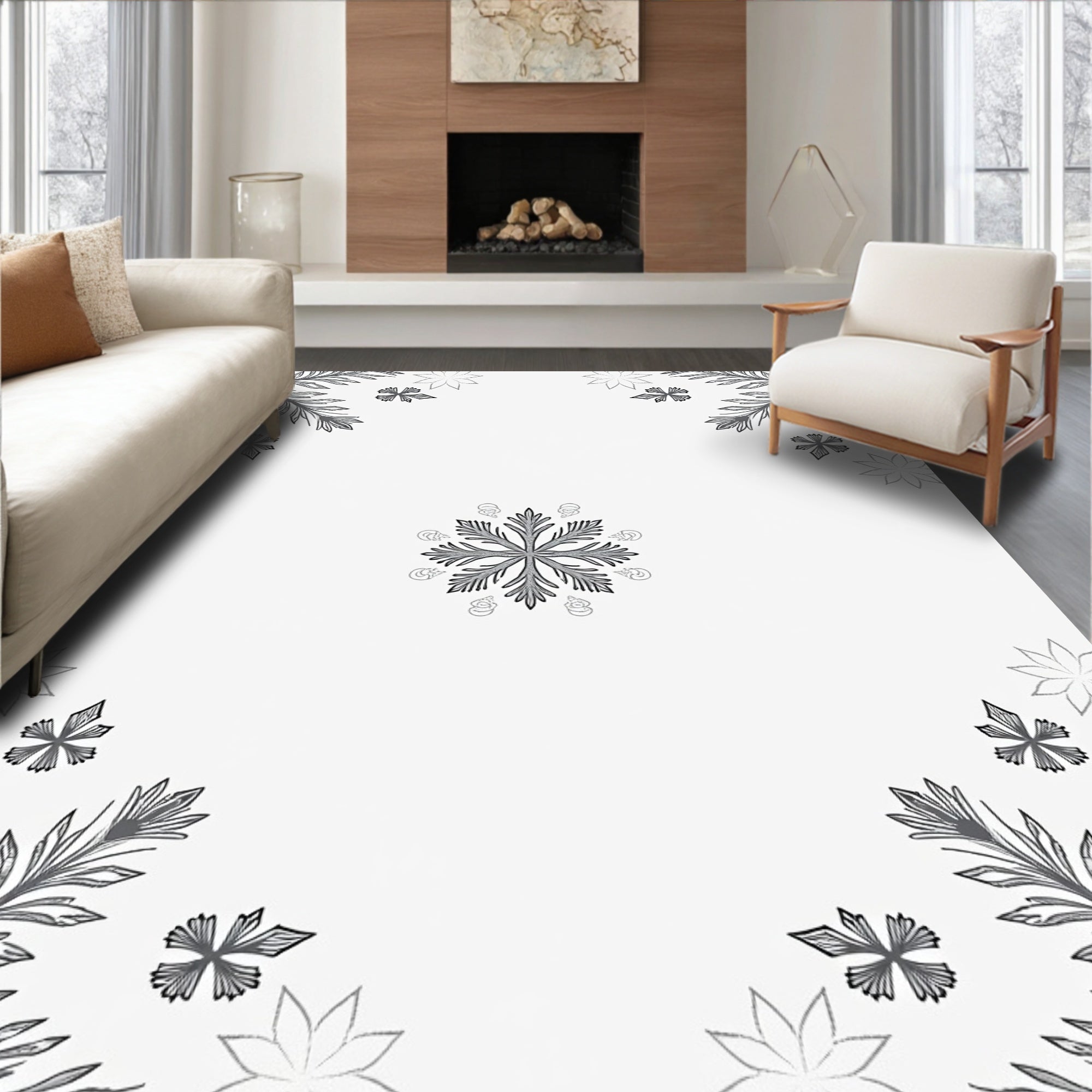 Gray Botanical Snowflake Medallion Rug