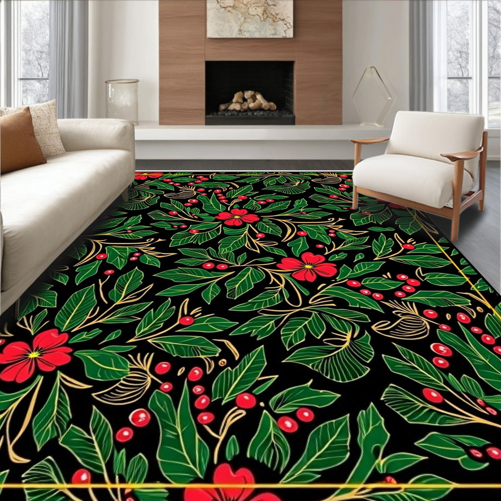 Red Berry Floral Garland Black Rug