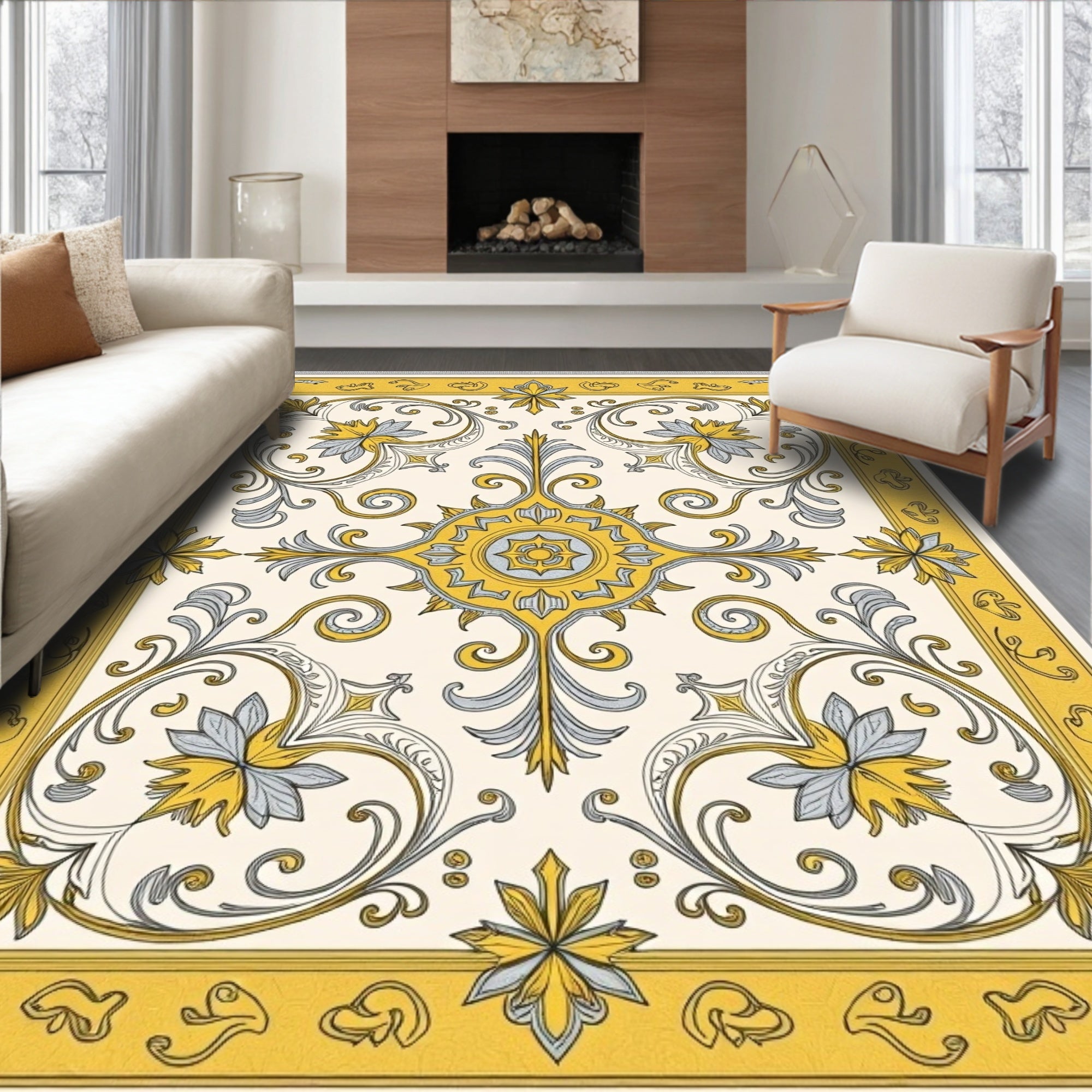 Golden Yellow Floral Scrollwork Rug